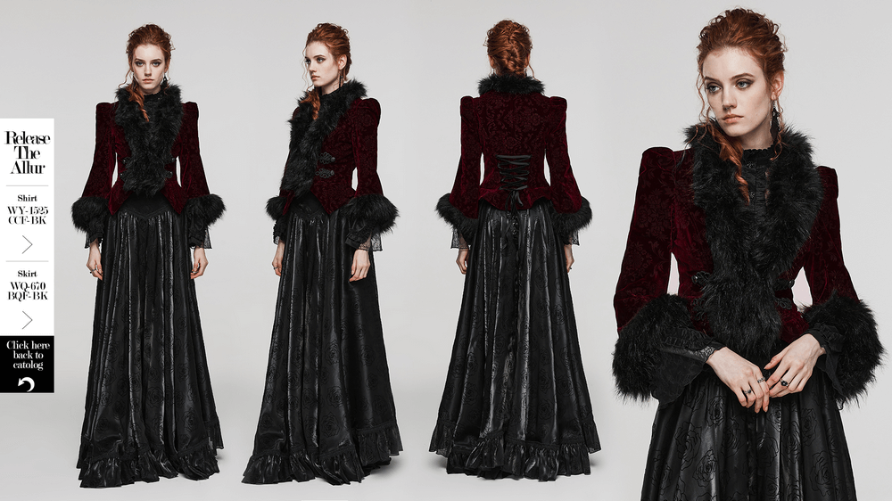 Gothic velvet short jacket with fur trim, elegantly styled with a long black skirt, showcasing luxe fashion details.