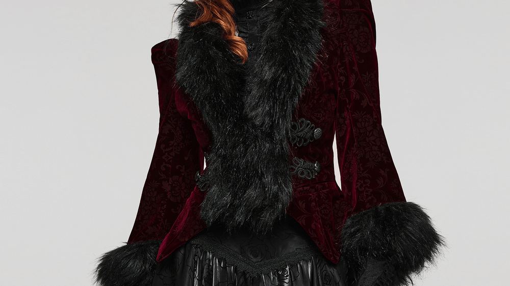 Luxurious velvet fur-trimmed gothic short jacket with elegant details, perfect for a chic gothic look.