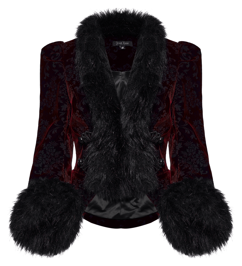 Luxurious velvet fur-trimmed gothic short jacket with plush cuffs, perfect for a stylish and elegant look.