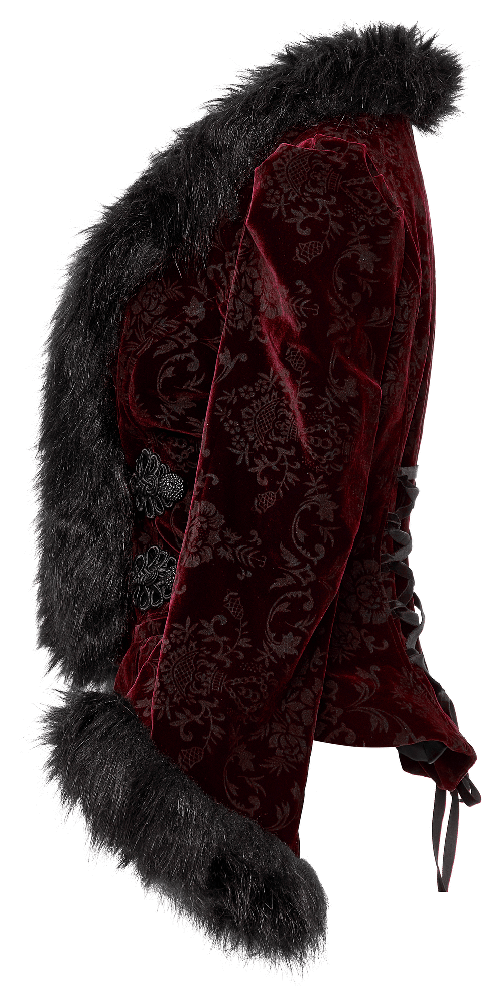 Luxurious velvet gothic short jacket with fur trim in rich burgundy color, showcasing elegant design and texture.