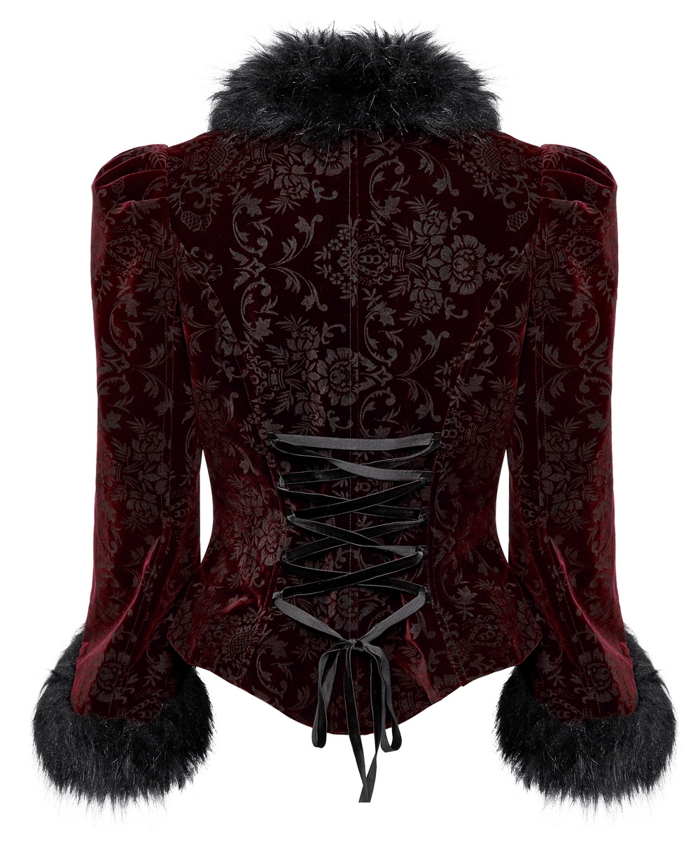 Luxurious velvet gothic short jacket with fur trim and intricate floral pattern, showcasing elegant lace-up back.