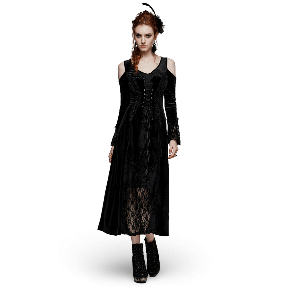 Luxurious black velvet goth gown with lace details, featuring a V-neck and stylish hollow sleeves.