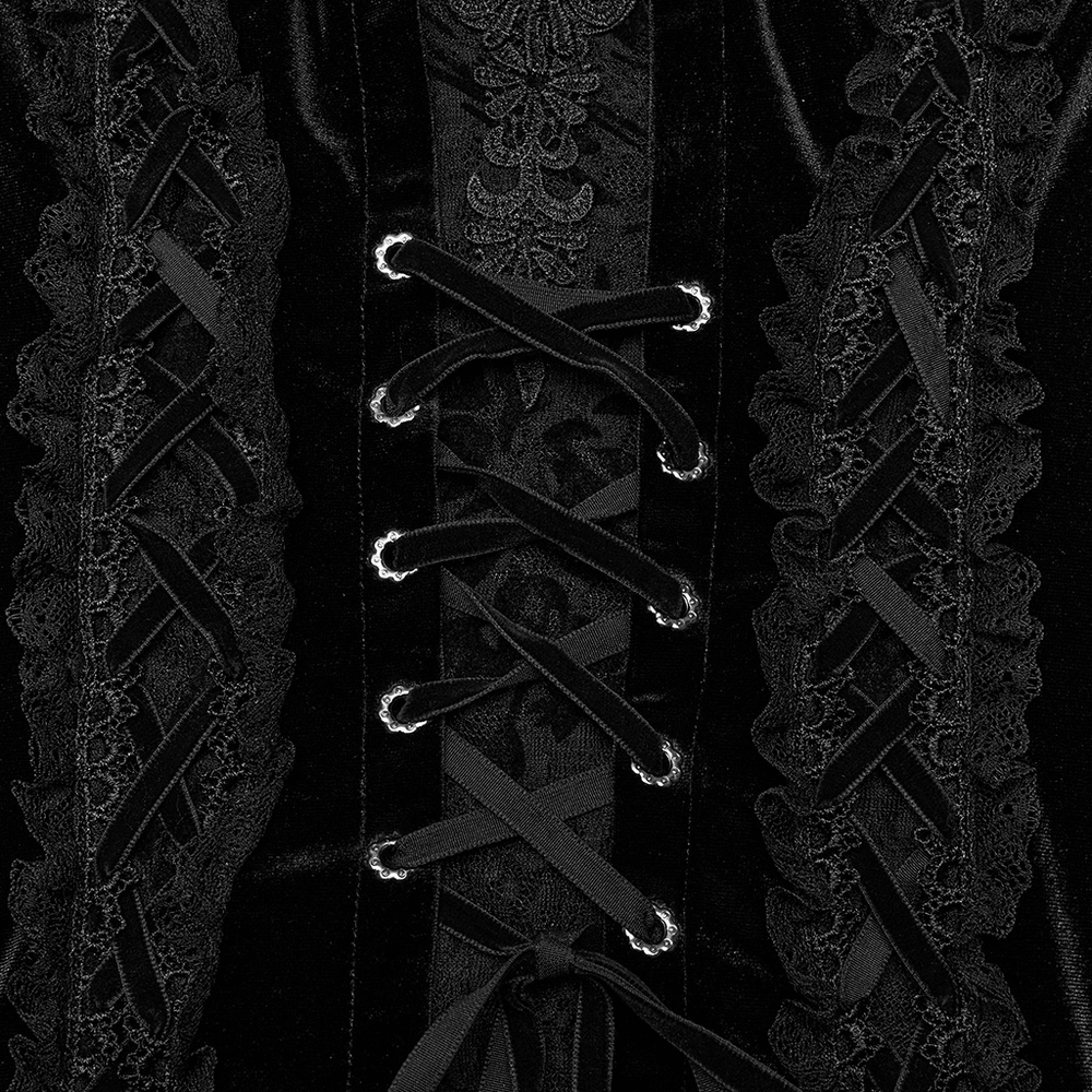 Close-up of luxurious black velvet Goth gown featuring intricate lace detailing and elegant lace-up design.
