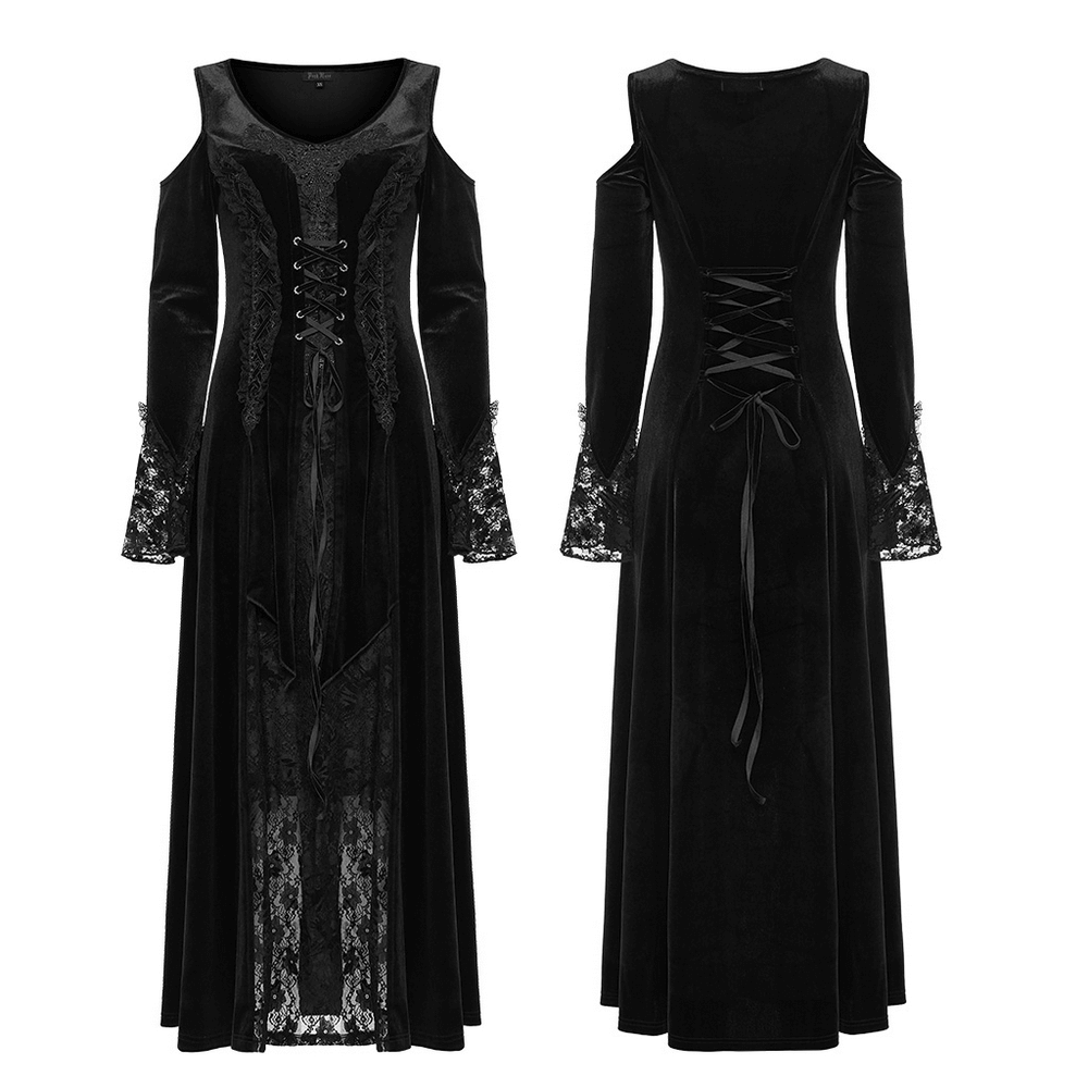 Luxurious velvet goth gown featuring sexy lace details and hollow sleeves for a dramatic silhouette.