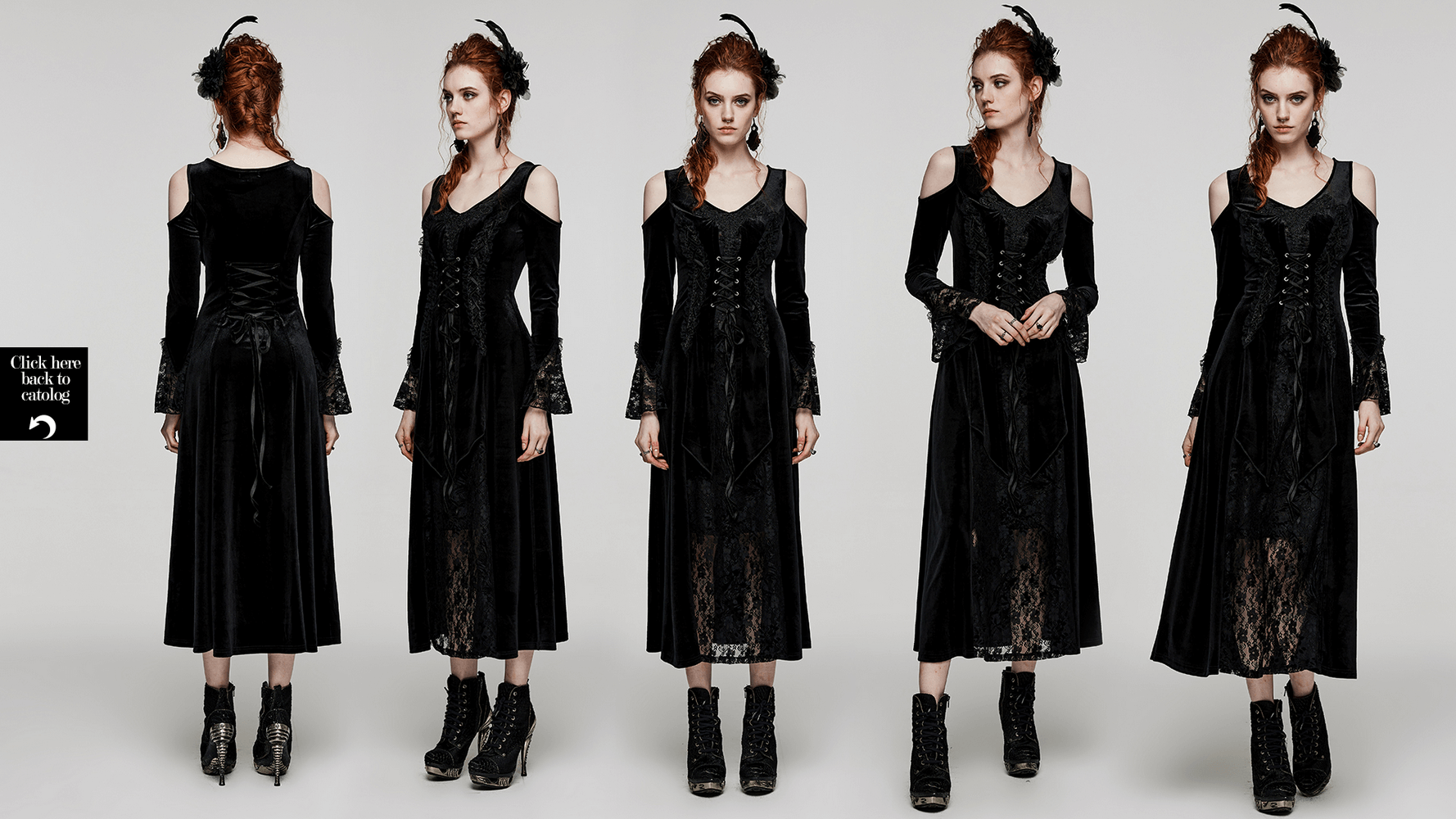Luxurious velvet goth gown featuring lace details, V-neck, and hollow sleeves, perfect for a gothic romantic look.