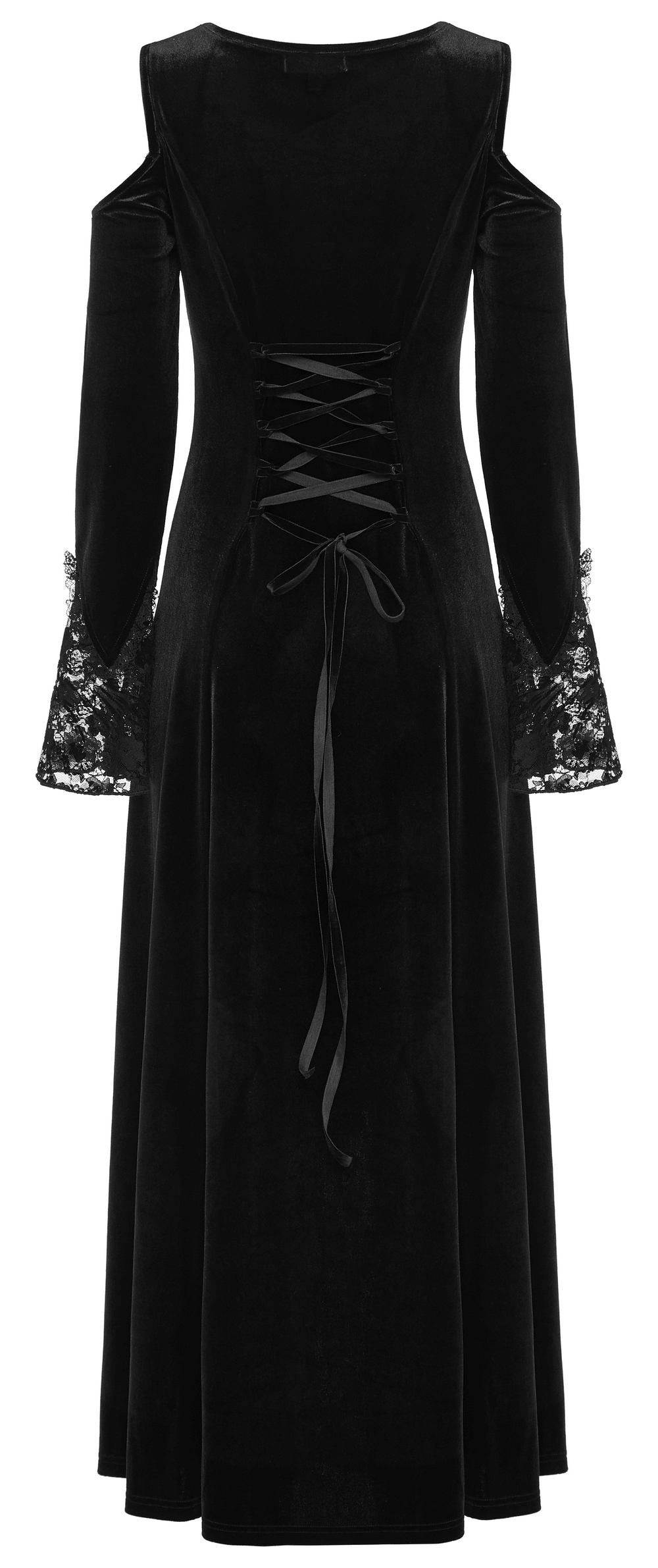 Back view of black velvet goth gown with sexy lace sleeves and corset tie detail, perfect for gothic romance.