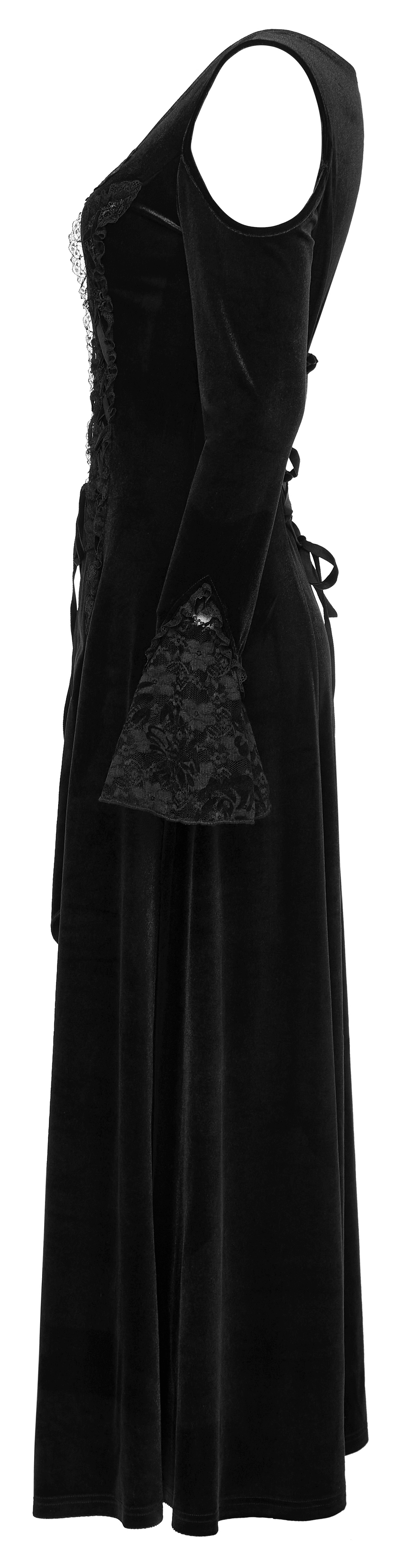 Luxurious velvet goth gown showcasing sexy lace details and elegant hollow sleeves.
