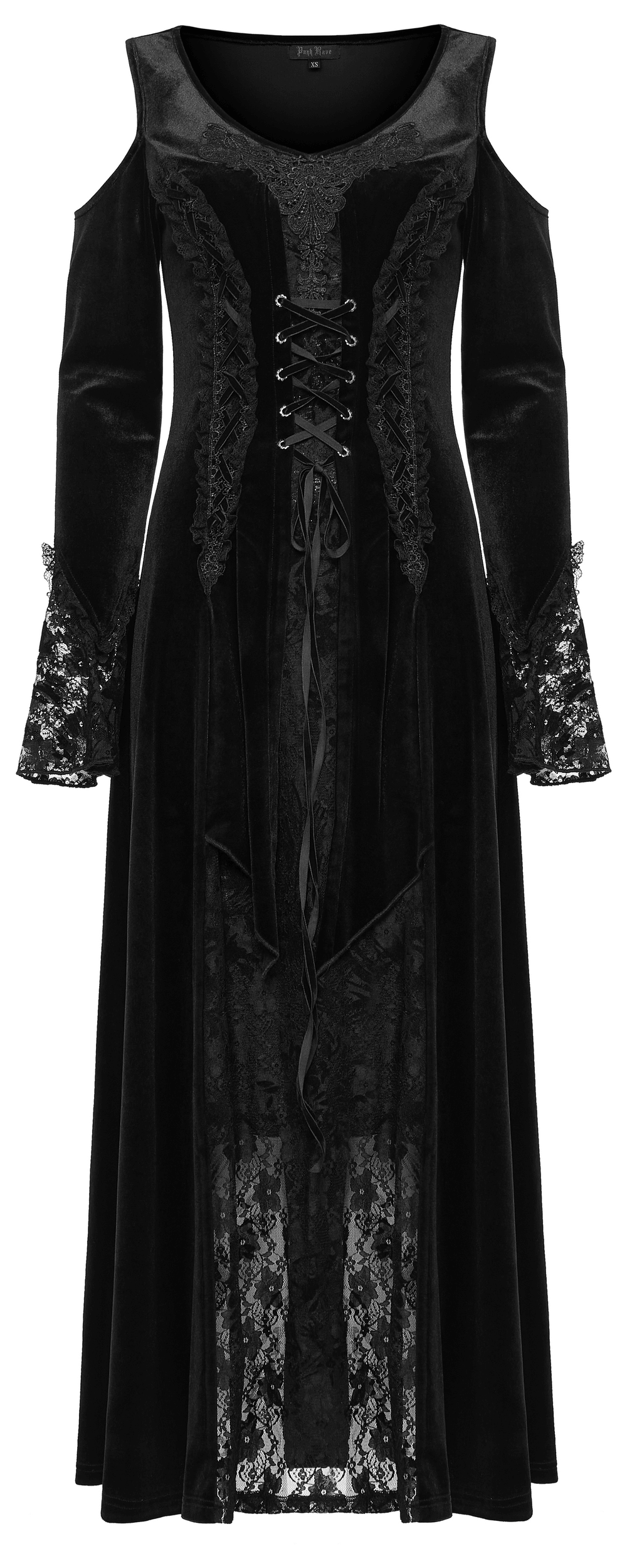 Luxurious black velvet goth gown with lace detail, featuring a daring V-neck and hollow sleeves for gothic romance.