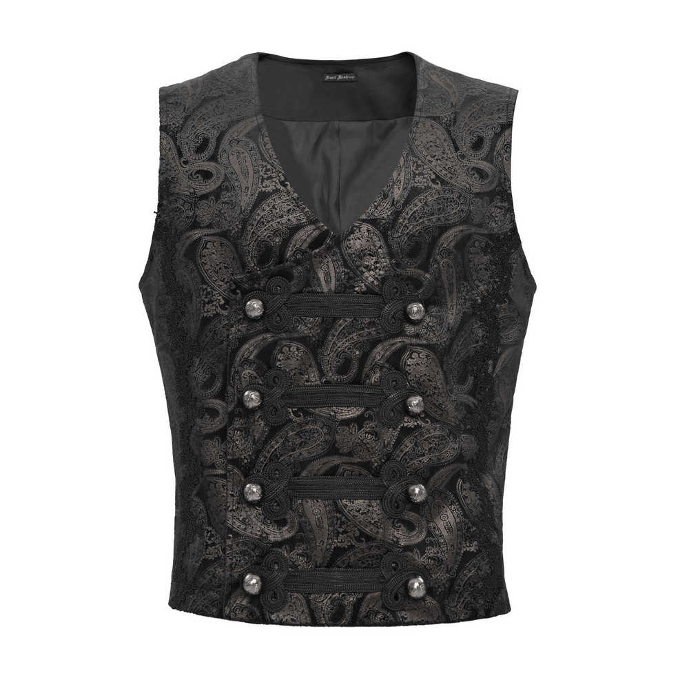 Luxurious men's gothic waistcoat with ornate silver buttons and paisley pattern, perfect for alternative fashion and cosplay.