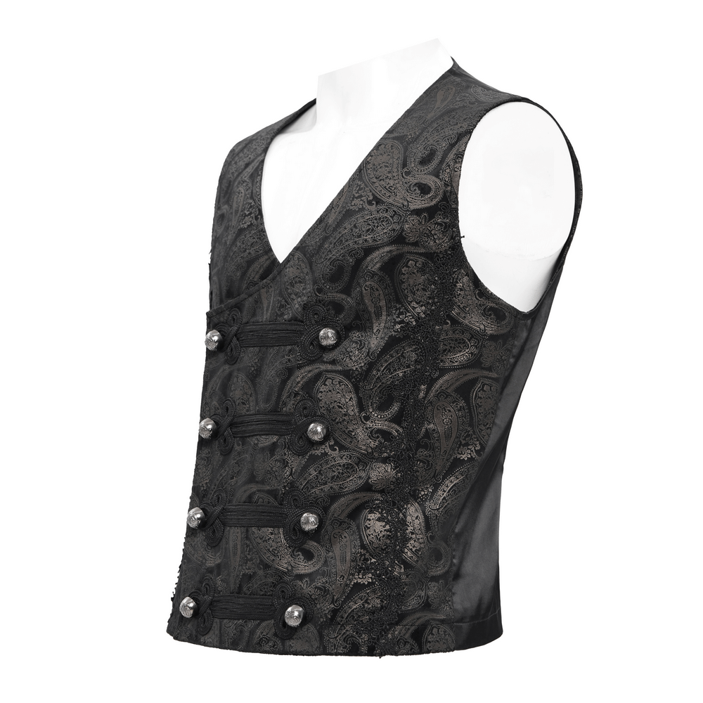 Luxurious male gothic waistcoat with paisley pattern and silver button detailing for alternative fashion.