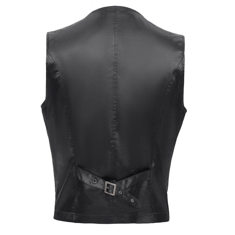 Back view of a sleek black sleeveless waistcoat with buckle detailing, perfect for gothic or alternative fashion styling.