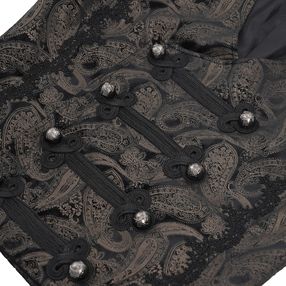 Luxurious paisley waistcoat with intricate silver buttons and ornate frog closures for men. Perfect for gothic style.