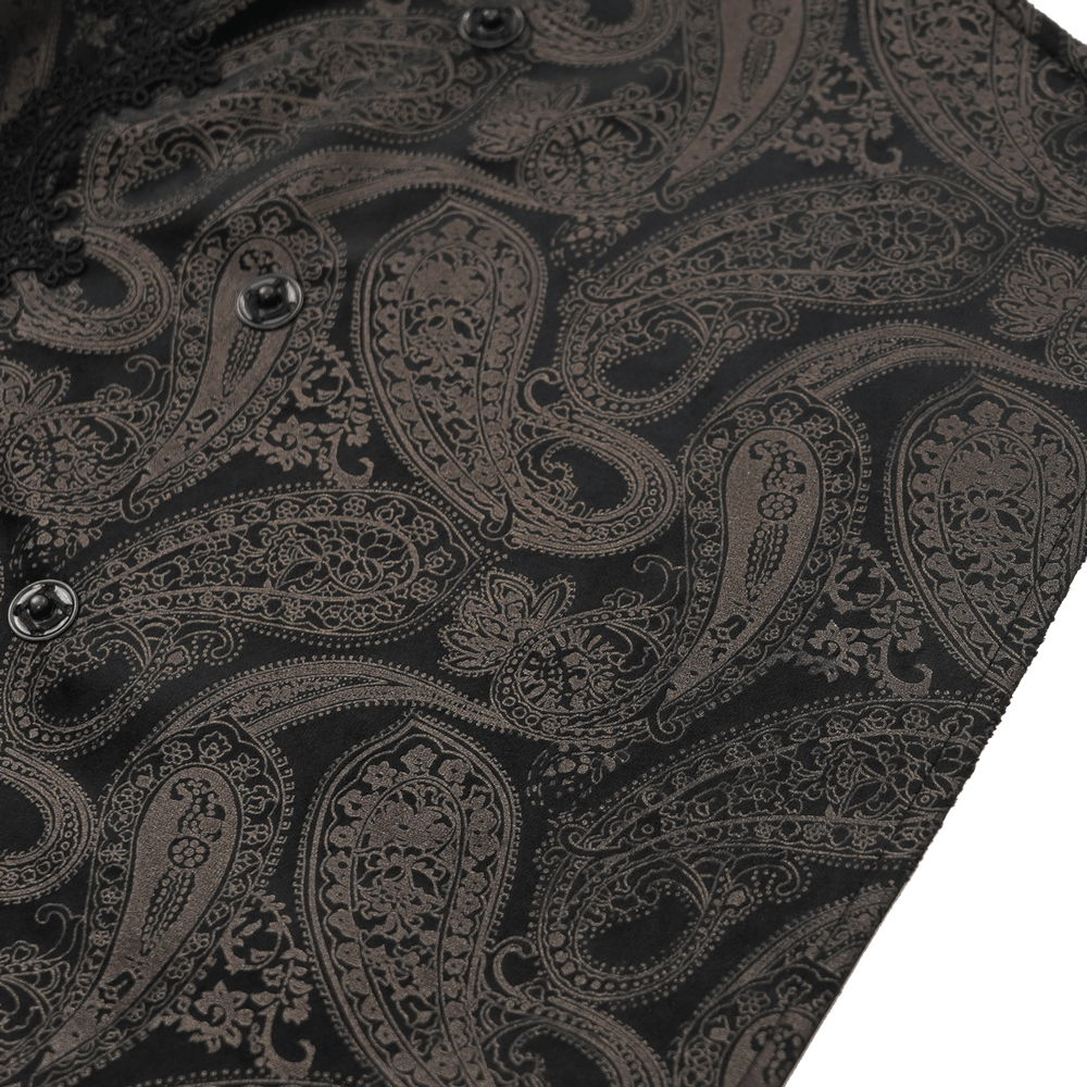 Luxurious black paisley fabric with intricate silver detailing on a stylish waistcoat for men. Perfect for gothic fashion.