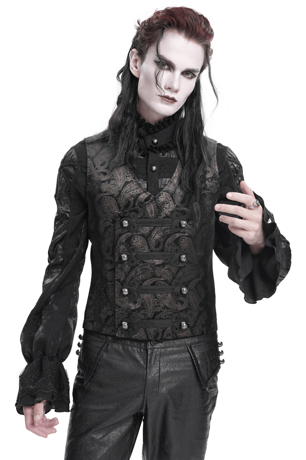 Male model in a luxurious gothic waistcoat with silver buttons and ornate details, perfect for alternative fashion.