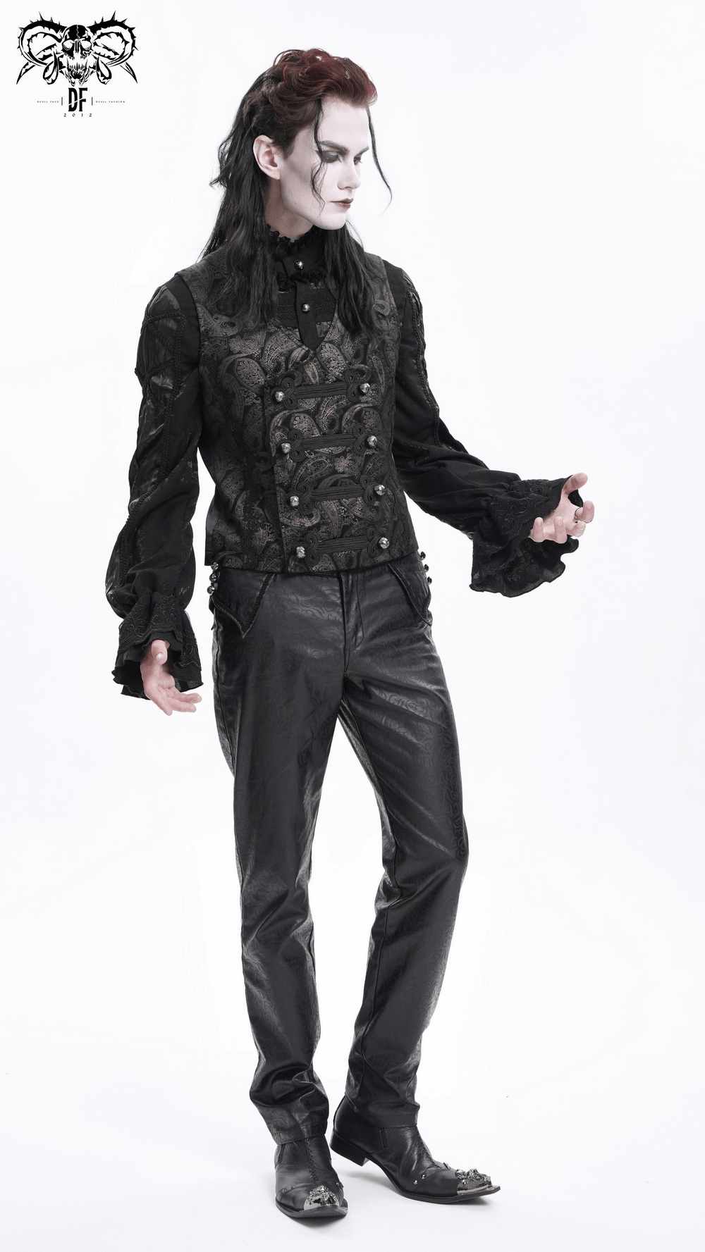 Male model in a gothic vintage waistcoat with silver buttons, styled for alternative fashion and themed events.