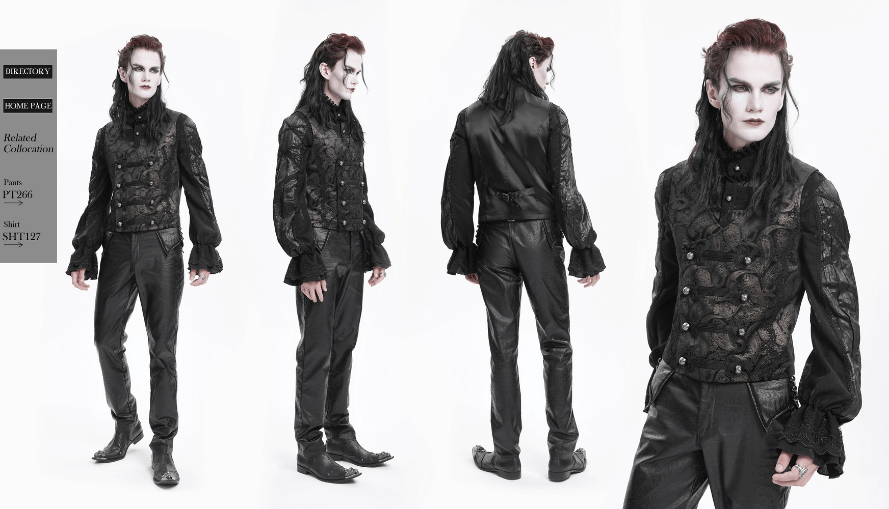 Male model showcasing a luxurious gothic waistcoat with silver buttons, perfectly styled for alternative fashion enthusiasts.