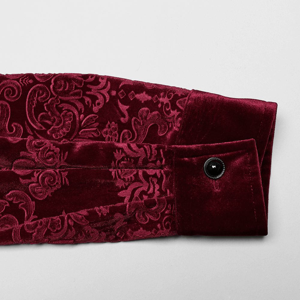 Luxury Gothic velvet shirt sleeve featuring intricate red floral pattern and stylish button detail.
