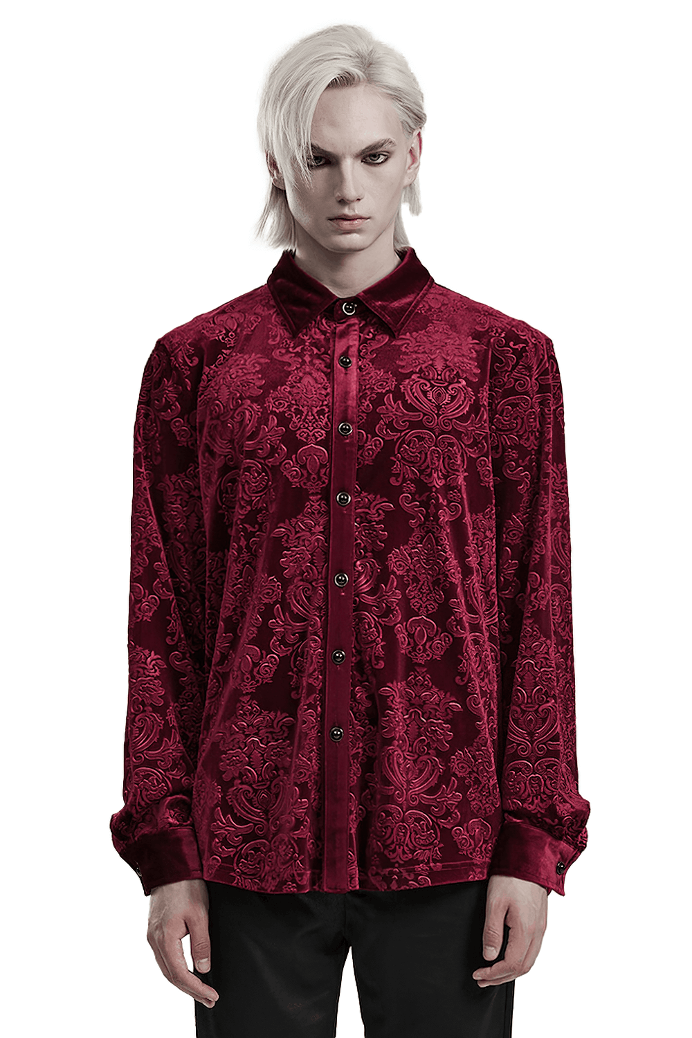 Elegant red velvet Gothic men's formal shirt with intricate floral patterns and sleek design for sophisticated style.