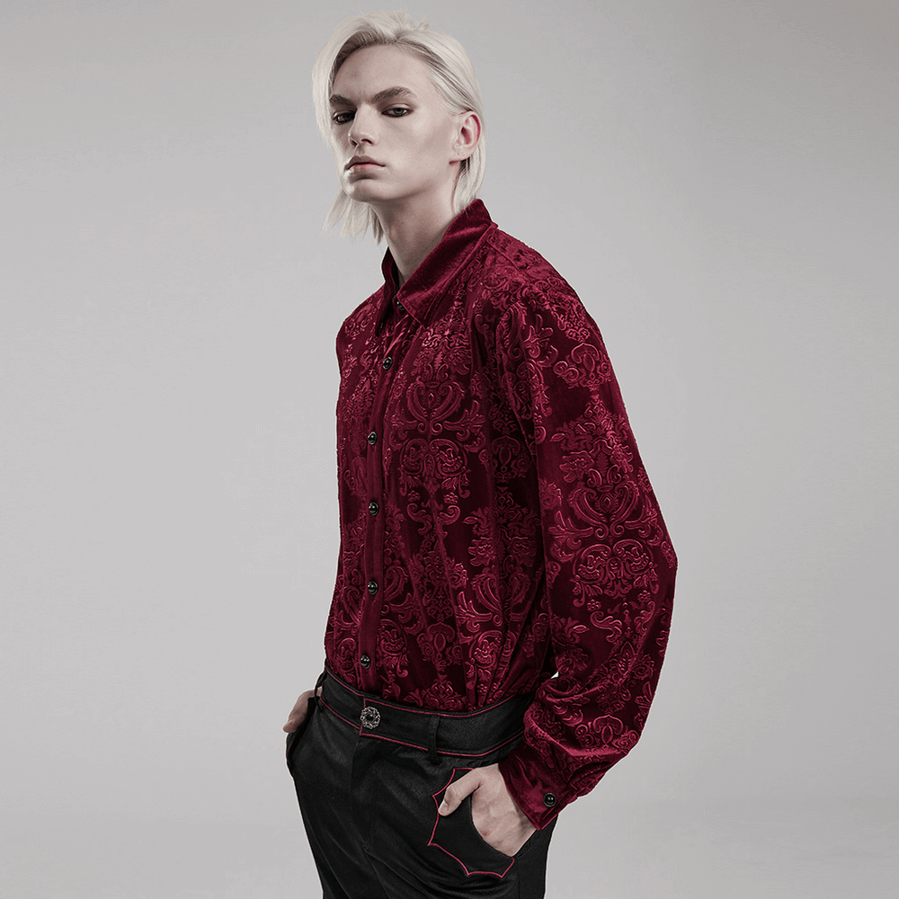 Men's luxury gothic red velvet shirt featuring intricate floral patterns and elegant design for formal occasions.