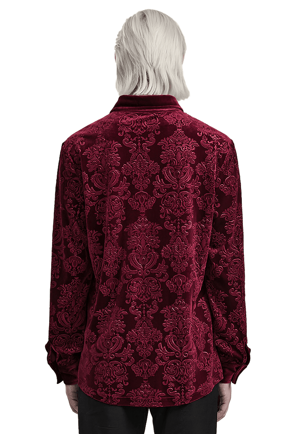 Back view of Luxury Gothic Velvet Floral Men's Formal Shirt in elegant red velvet with intricate patterns.