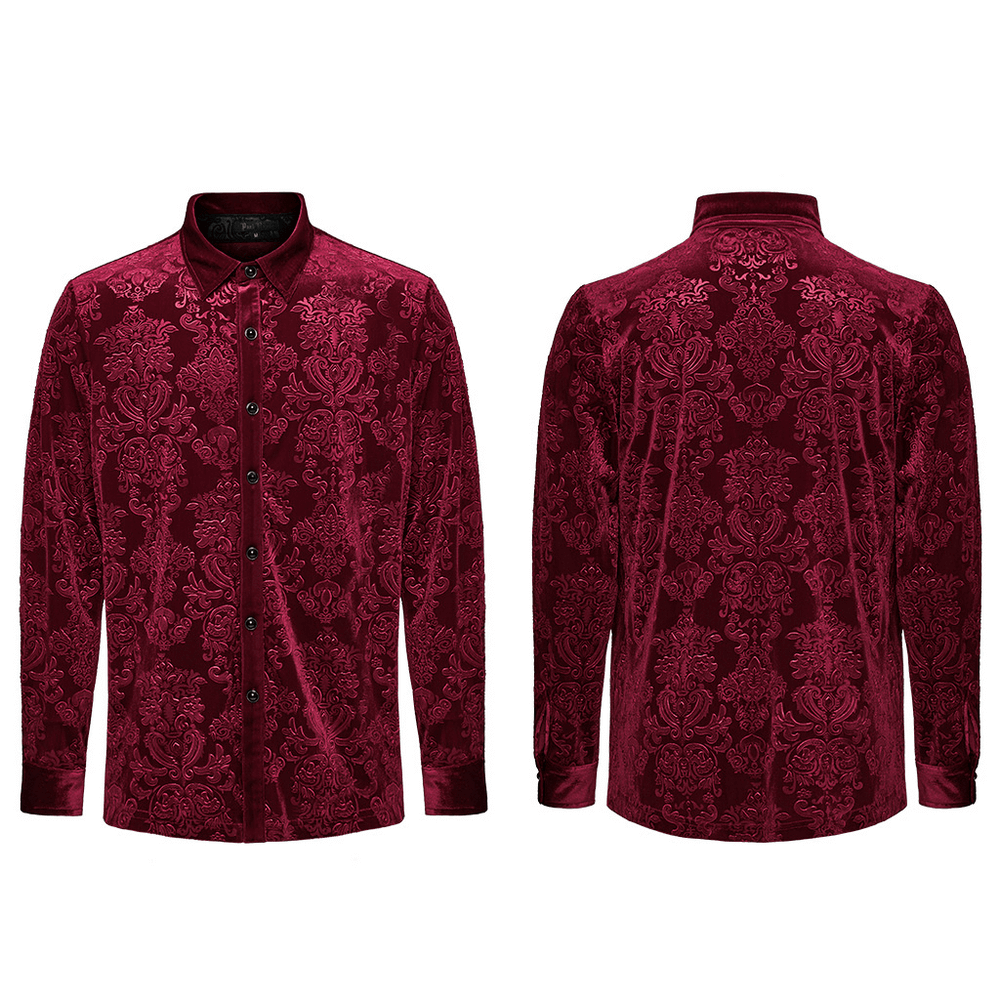 Luxury Gothic Velvet Floral Men's Formal Shirt in rich red, featuring intricate embossed patterns for a sophisticated style.