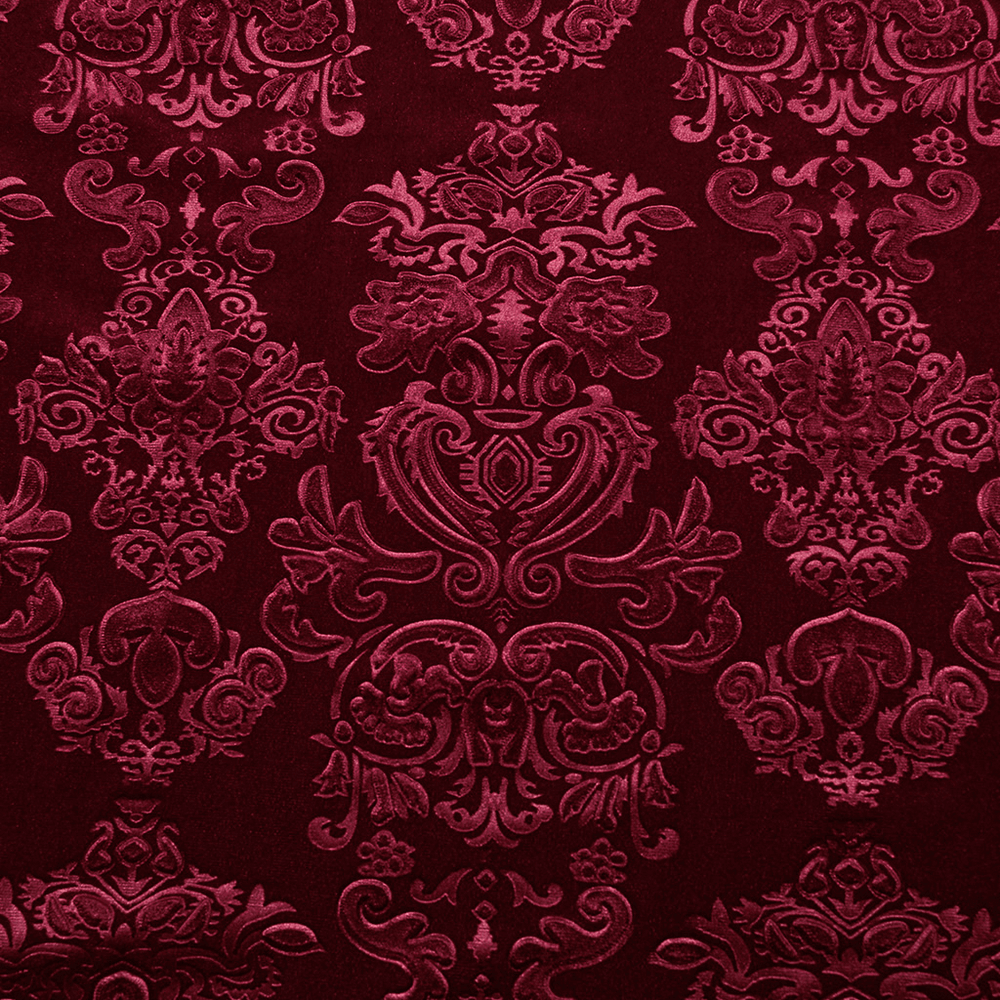 Rich red velvet fabric with intricate Gothic floral patterns, perfect for a luxury formal shirt design.