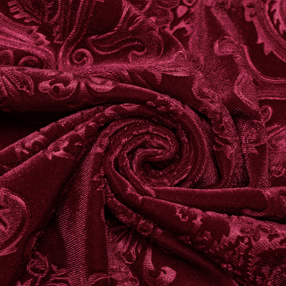 Luxurious red velvet fabric with intricate gothic floral patterns, perfect for elegant men's formal shirts.
