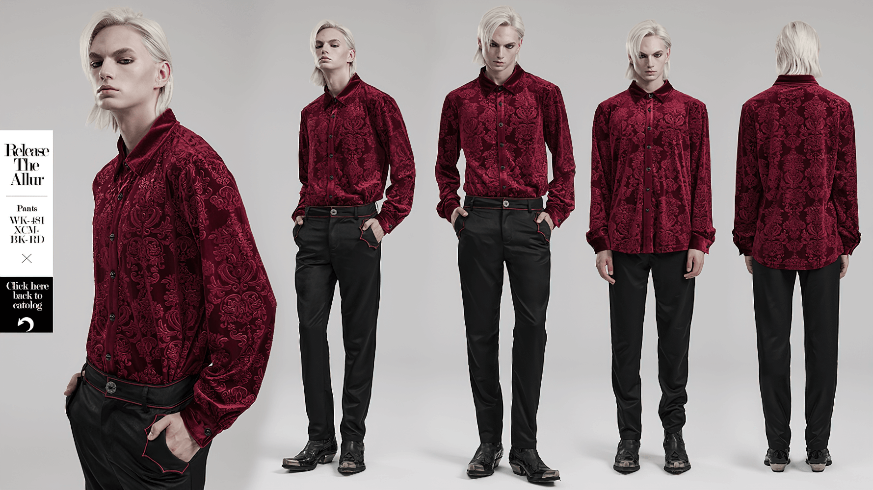 Luxury Gothic velvet floral men's formal shirt in elegant red with intricate patterns, showcasing versatility and sophistication.