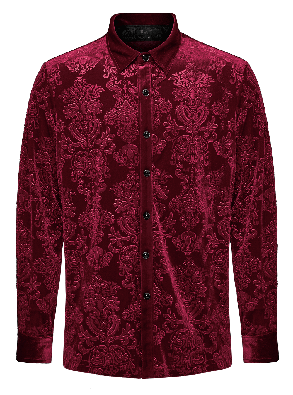 Elegant red velvet Gothic floral men's formal shirt with intricate patterns and high-quality texture.