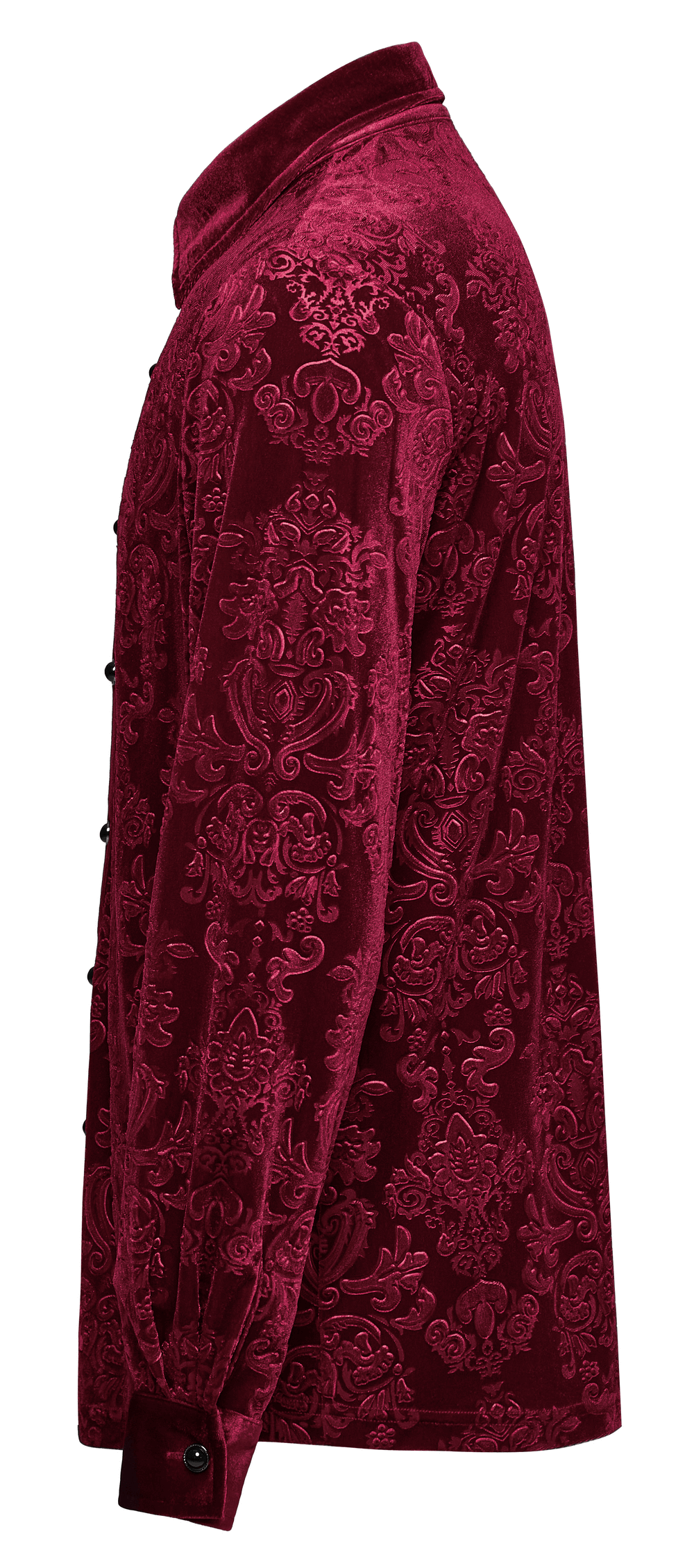 Luxury Gothic velvet floral men's formal shirt in eye-catching red with intricate patterns.