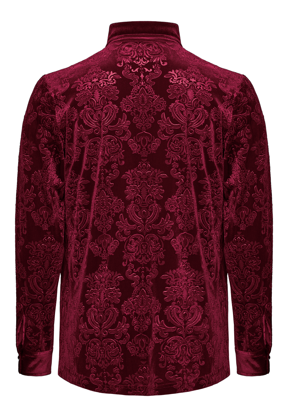 Back view of a luxurious gothic velvet floral men's formal shirt in rich red, showcasing intricate embossed patterns.