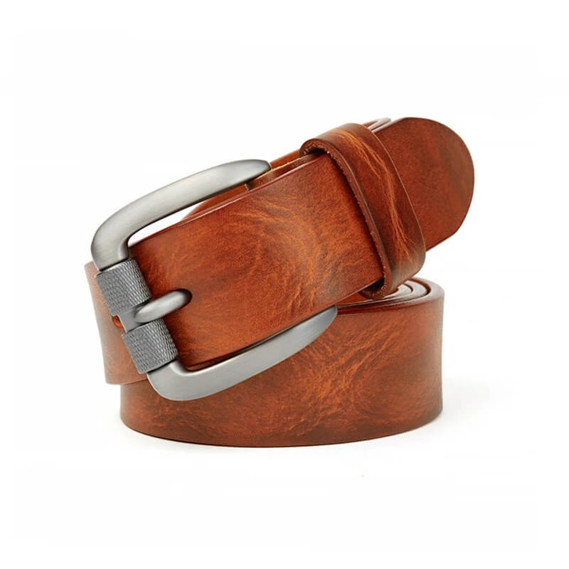 Stylish luxury leather men's belt in brown with a modern silver buckle, perfect for casual jeans outfits.