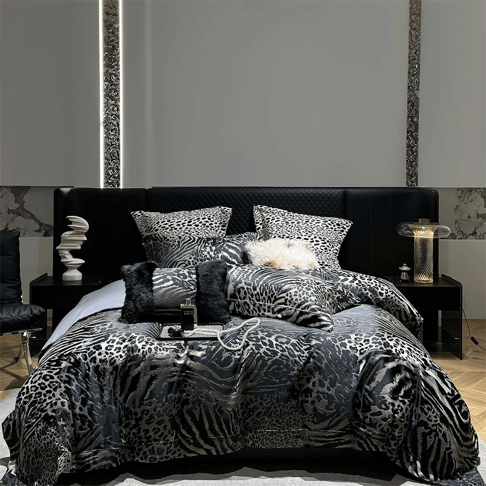 Luxury Leopard Jacquard Egyptian Cotton Bedding Set beautifully styled on a modern bed with black accents.