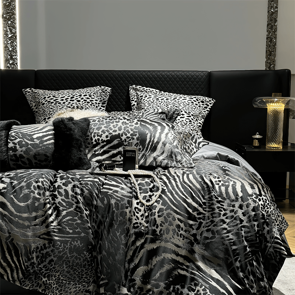 Luxury Leopard Jacquard Egyptian Cotton Bedding Set showcasing a stylish black and gray design in a chic bedroom setting.