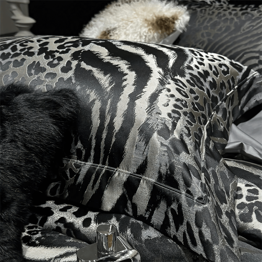 Luxury Leopard Jacquard Egyptian Cotton Bedding Set with elegant black and silver animal print pillows.