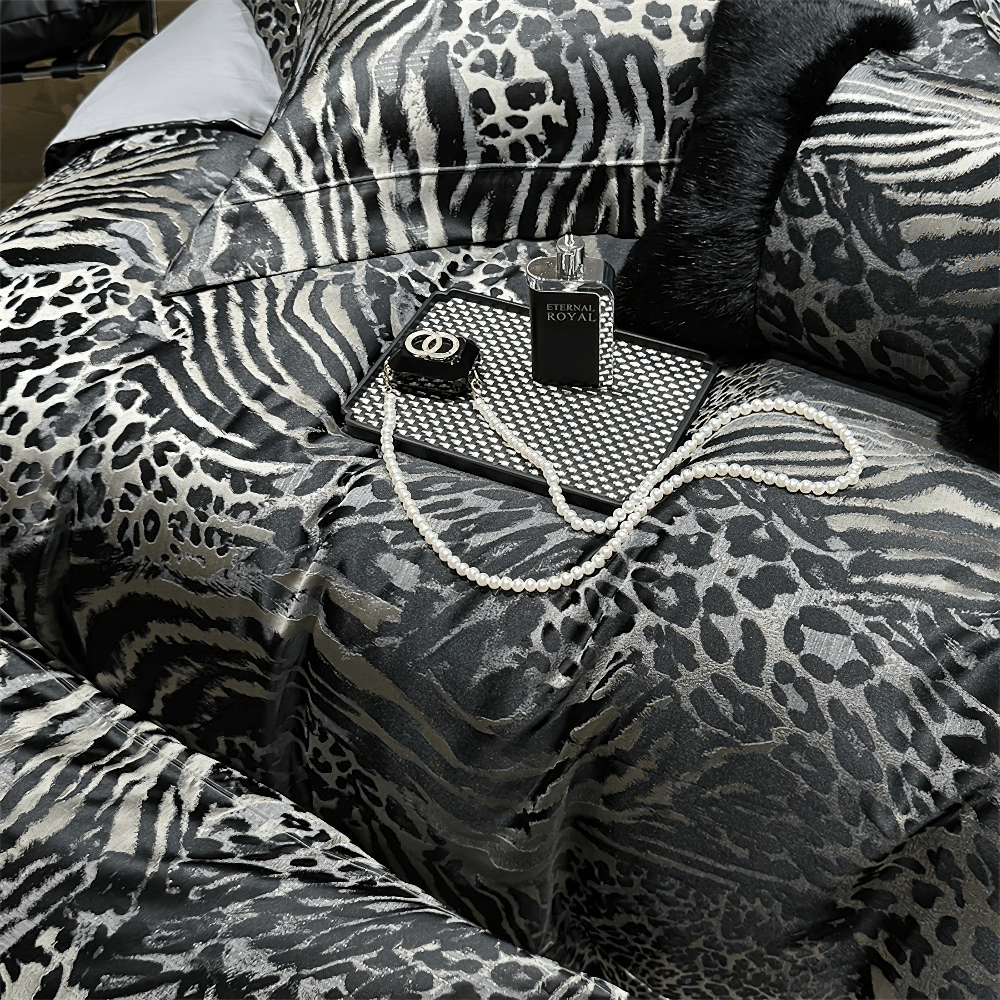 Luxury Leopard Jacquard Egyptian Cotton Bedding Set with elegant accessories on a stylish bed.