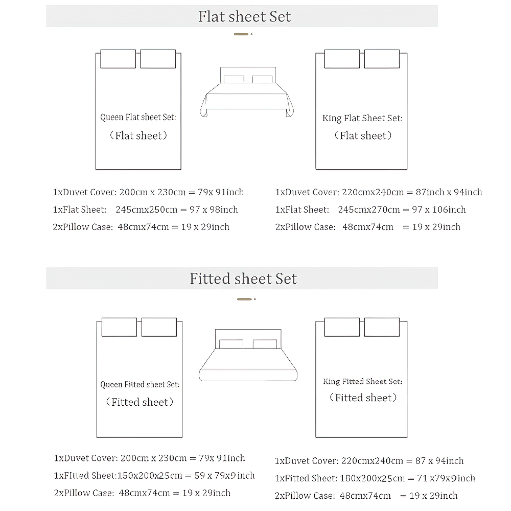 Luxury Leopard Jacquard Egyptian Cotton Bedding Set size guide for flat and fitted sheet sets.