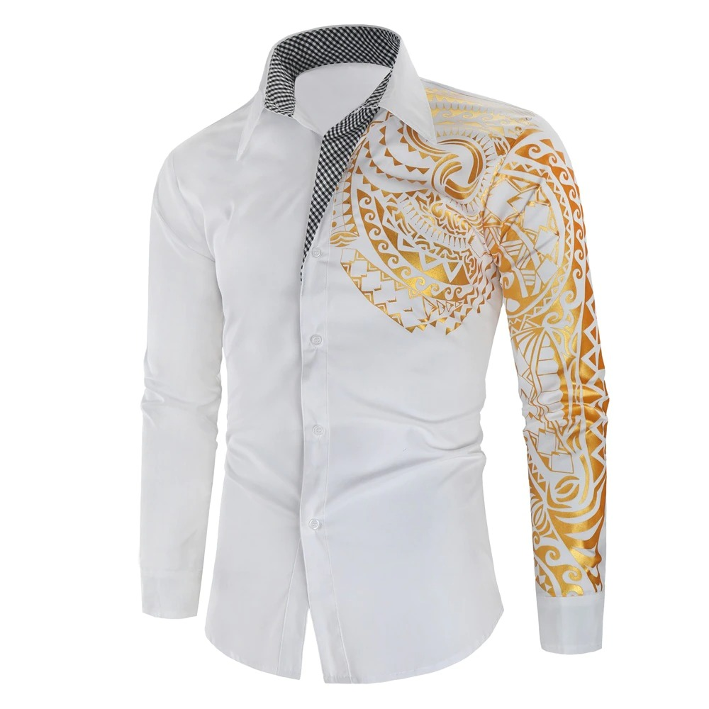 Luxury Men's Shirt with Gold Print / Fashion Slim Fit Long Sleeve Shirts - HARD'N'HEAVY