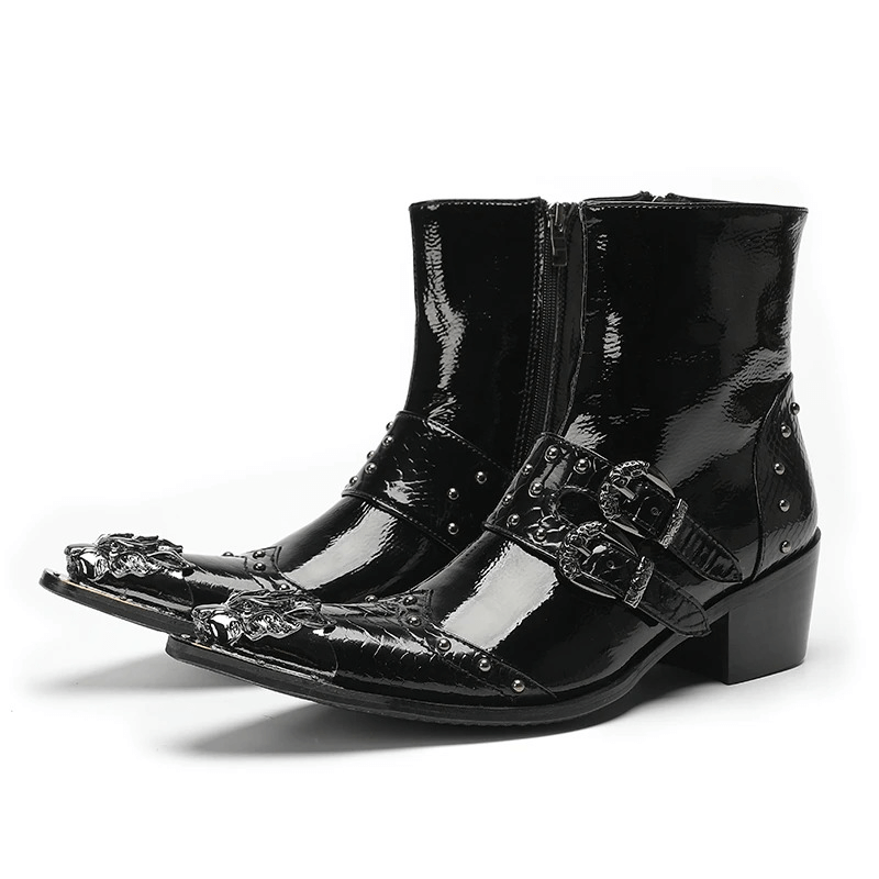 Luxury Metal Pointed Toe Ankle Boots with Buckles / Patent Leather High Heel Short Boots