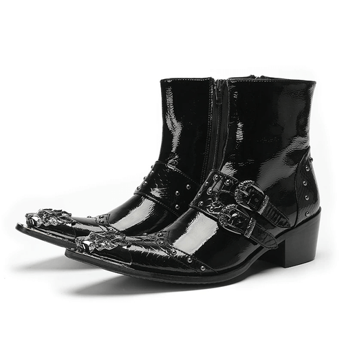 Luxuriöse Stiefeletten aus Metall mit spitzer Zehenpartie und Schnallen / kurze Stiefel aus Lackleder mit hohem Absatz