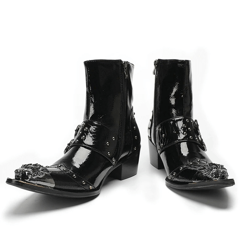 Luxury Metal Pointed Toe Ankle Boots with Buckles / Patent Leather High Heel Short Boots