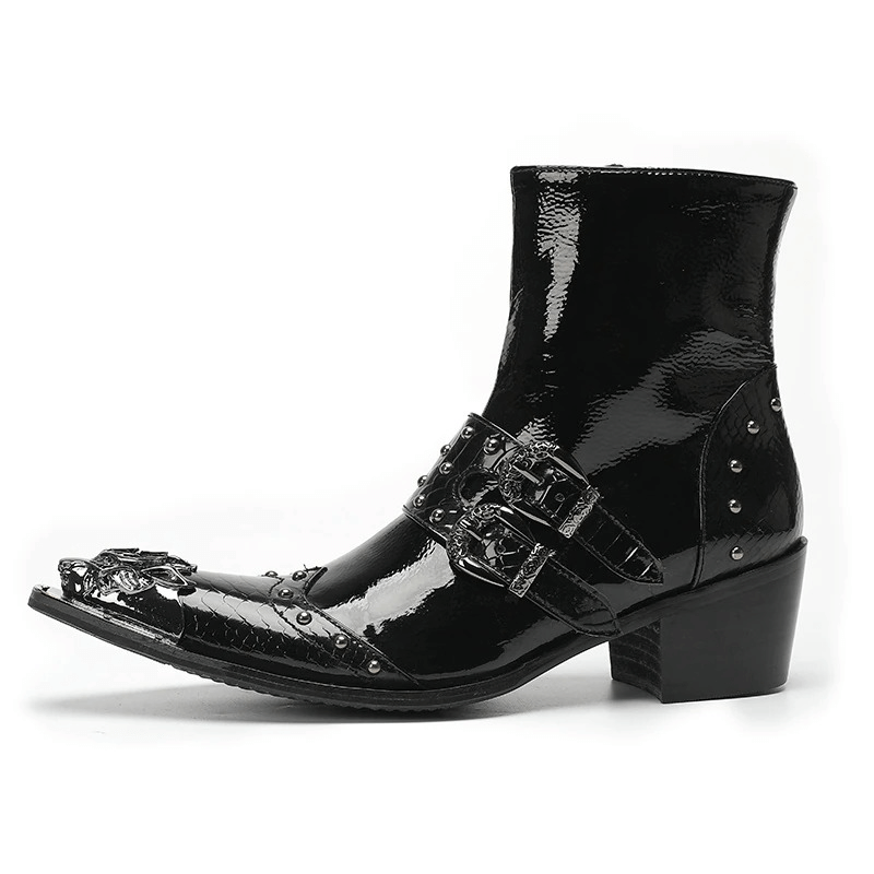 Luxury Metal Pointed Toe Ankle Boots with Buckles / Patent Leather High Heel Short Boots