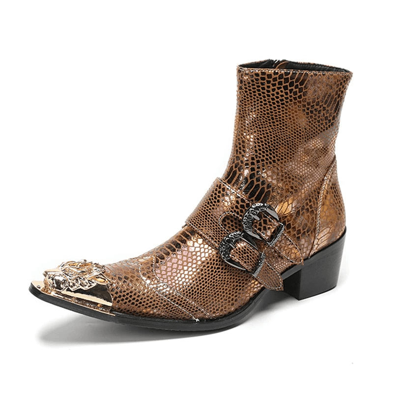 Luxury Metal Pointed Toe Ankle Boots with Buckles / Patent Leather High Heel Short Boots