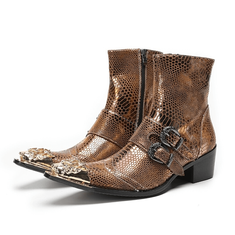 Luxury Metal Pointed Toe Ankle Boots with Buckles / Patent Leather High Heel Short Boots