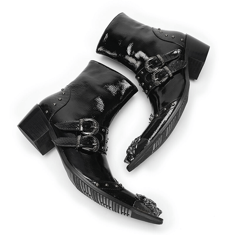 Luxury Metal Pointed Toe Ankle Boots with Buckles / Patent Leather High Heel Short Boots