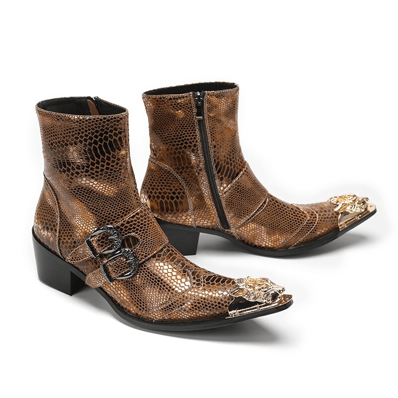 Luxury Metal Pointed Toe Ankle Boots with Buckles / Patent Leather High Heel Short Boots