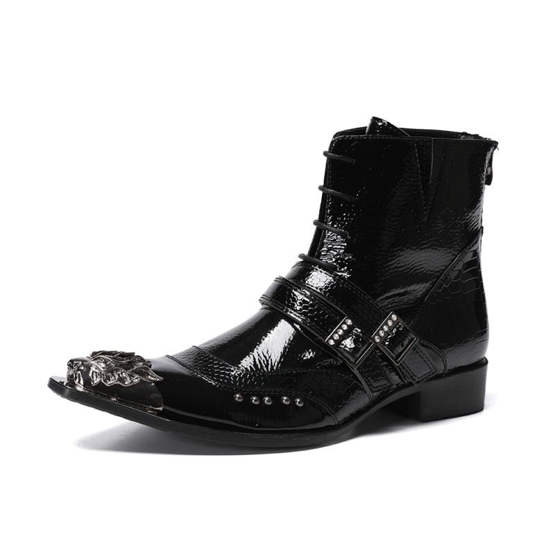 Luxury Patent Leather Metal Pointed Toe Boots for Men / Trendy Male Lace Up Ankle Boots with Buckle - HARD'N'HEAVY