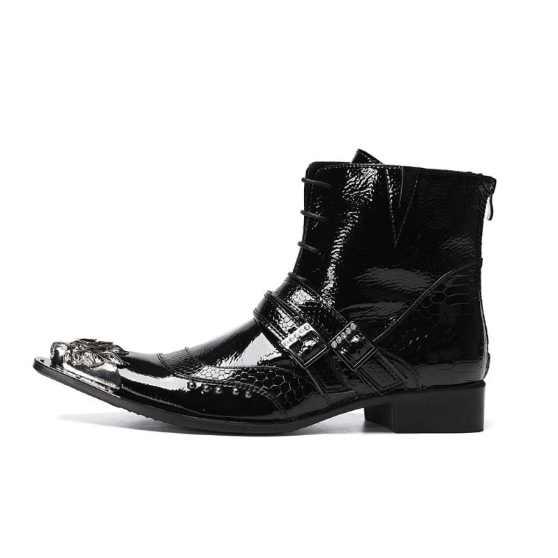 Luxury Patent Leather Metal Pointed Toe Boots for Men / Trendy Male Lace Up Ankle Boots with Buckle - HARD'N'HEAVY
