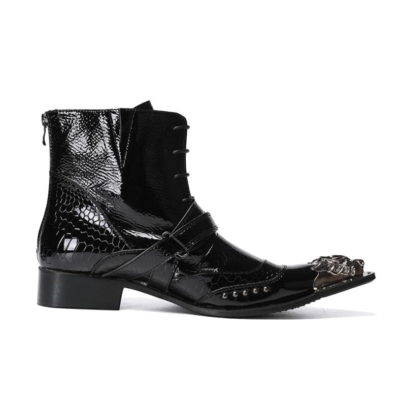 Luxury Patent Leather Metal Pointed Toe Boots for Men / Trendy Male Lace Up Ankle Boots with Buckle - HARD'N'HEAVY