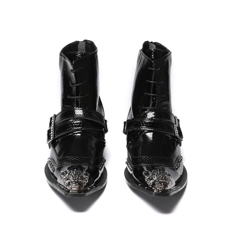 Luxury Patent Leather Metal Pointed Toe Boots for Men / Trendy Male Lace Up Ankle Boots with Buckle - HARD'N'HEAVY